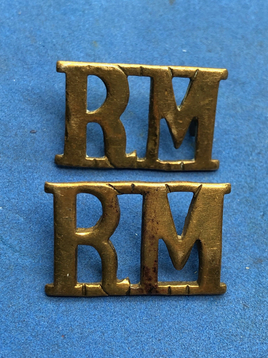 Original WW2 British Royal Navy Royal Marines Brass Shoulder Titles Pair