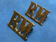 Load image into Gallery viewer, Original WW2 British Royal Navy Royal Marines Brass Shoulder Titles Pair
