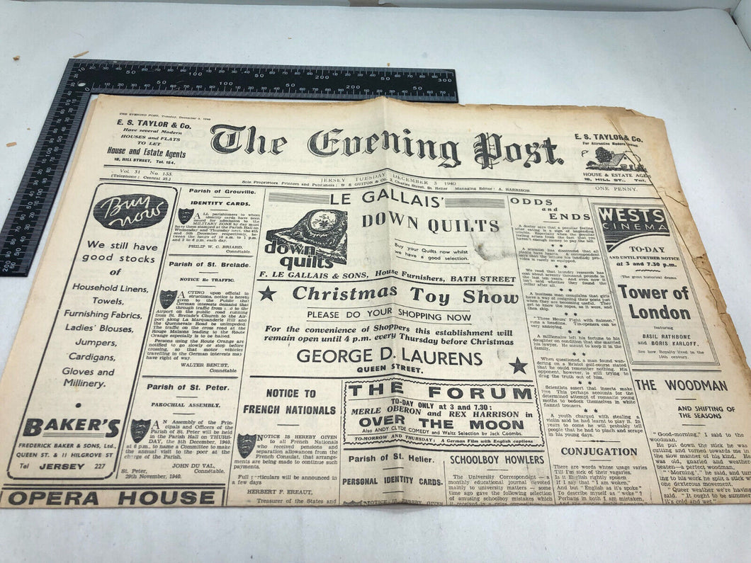 Original WW2 British Newspaper Channel Islands Occupation Jersey - December 1940