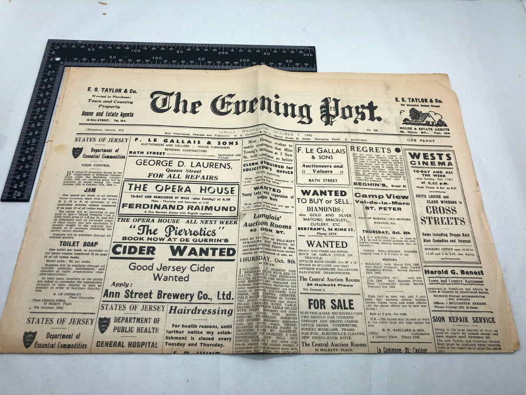 Original WW2 British Newspaper Channel Islands Occupation Jersey - October 1942