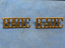 Load image into Gallery viewer, Original Pair of WW2 Brass British Army Shoulder Titles RAOC Army Ordnance Corps
