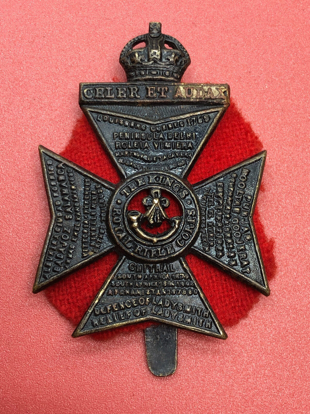 Original WW2 British Army Kings Crown Cap Badge - The Kings Royal Rifle Corps