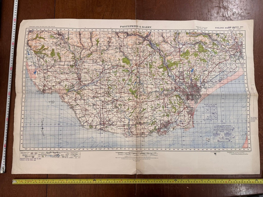 Original WW2 British Army GSGS OS Map of Wales - Pontypridd & Barry - The Militaria Shop