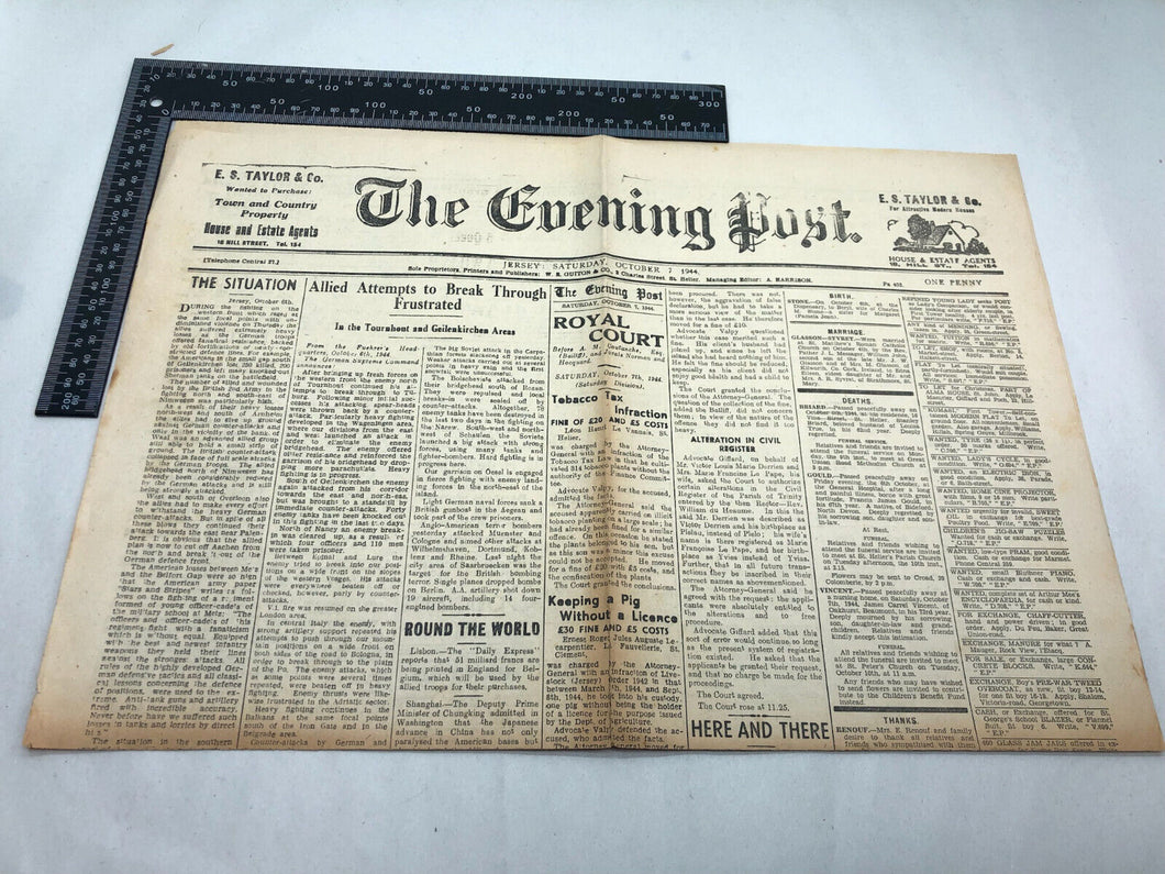 Originales britisches Zeitungstrikot aus dem 2. Weltkrieg zur Besetzung der Kanalinseln – Oktober 1944 