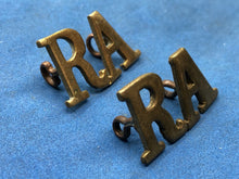 Load image into Gallery viewer, Original WW2 British Army Royal Artillery RA Brass Shoulder Titles Pair
