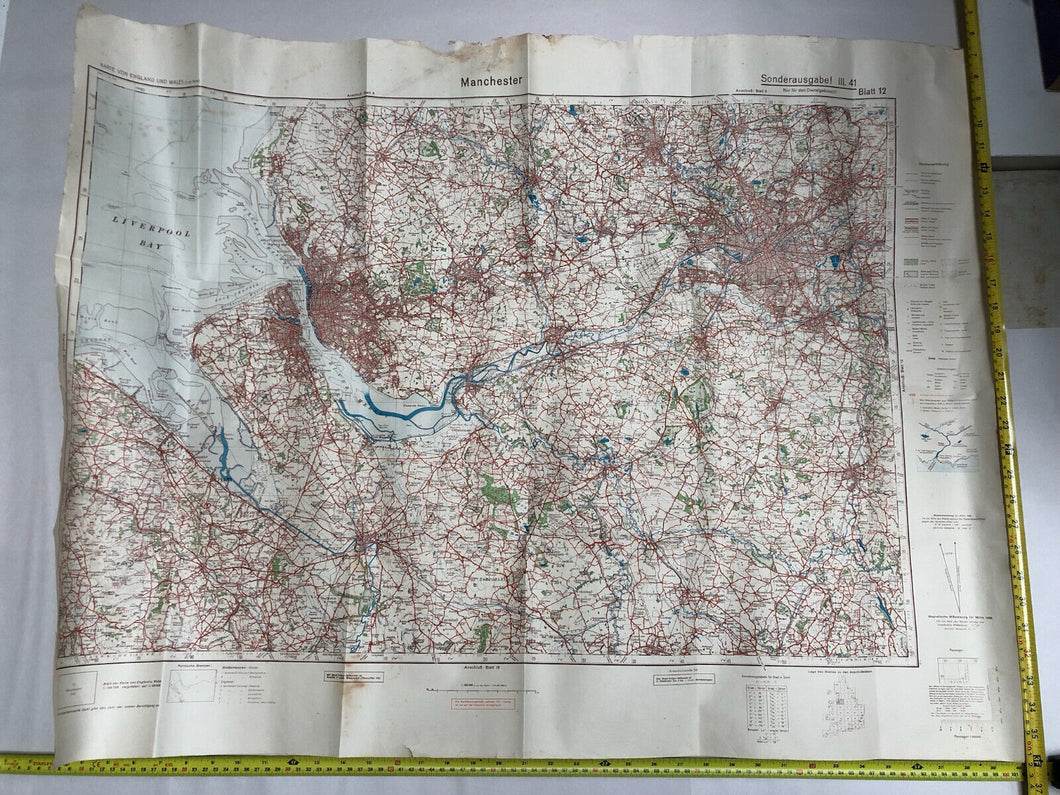 Original WW2 German Luftwaffe Map of Manchester / Liverpool UK North West