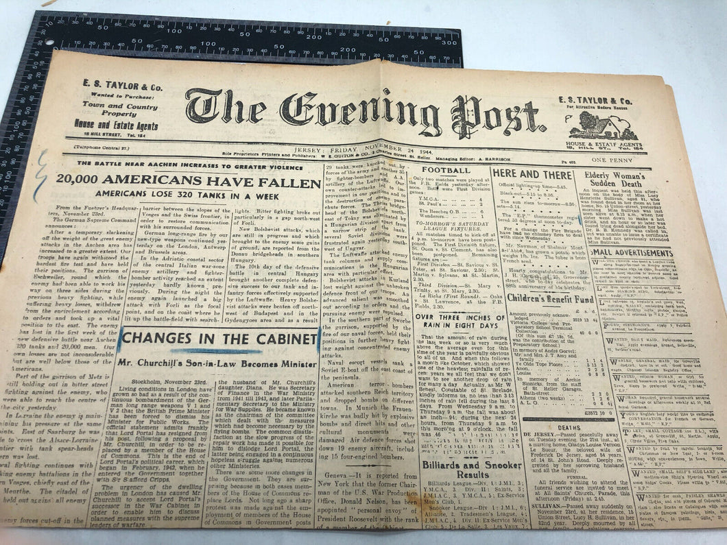 Original WW2 British Newspaper Channel Islands Occupation Jersey - November 1944