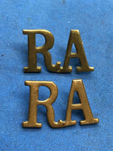 Load image into Gallery viewer, Original WW1 / WW2 British Army Royal Artillery RA Brass Shoulder Titles Pair
