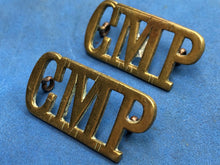 Load image into Gallery viewer, Original Pair WW2 British Army Corps Military Police CMP Brass Shoulder Titles
