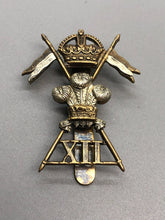 Load image into Gallery viewer, Original WW2 British Army 12th Lancers Kings Crown Cap Badge
