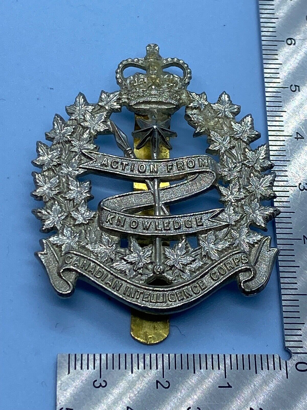 Original Queen's Crown Canadian Intelligence Corps Cap Badge - The Militaria Shop