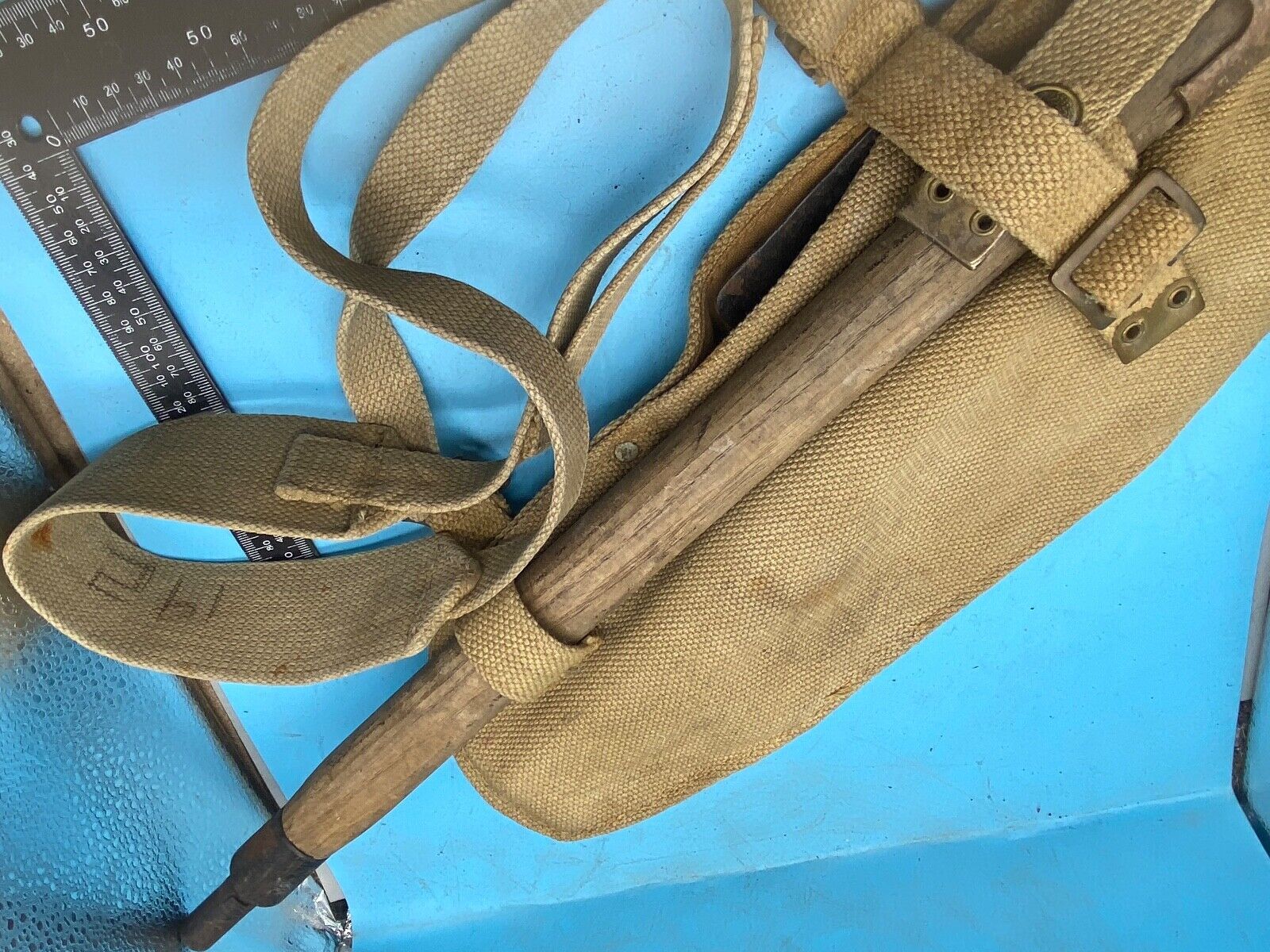 Original WW2 British Army Canvas Handle, Carrier & 1944 Dated Helve with Strap - The Militaria Shop
