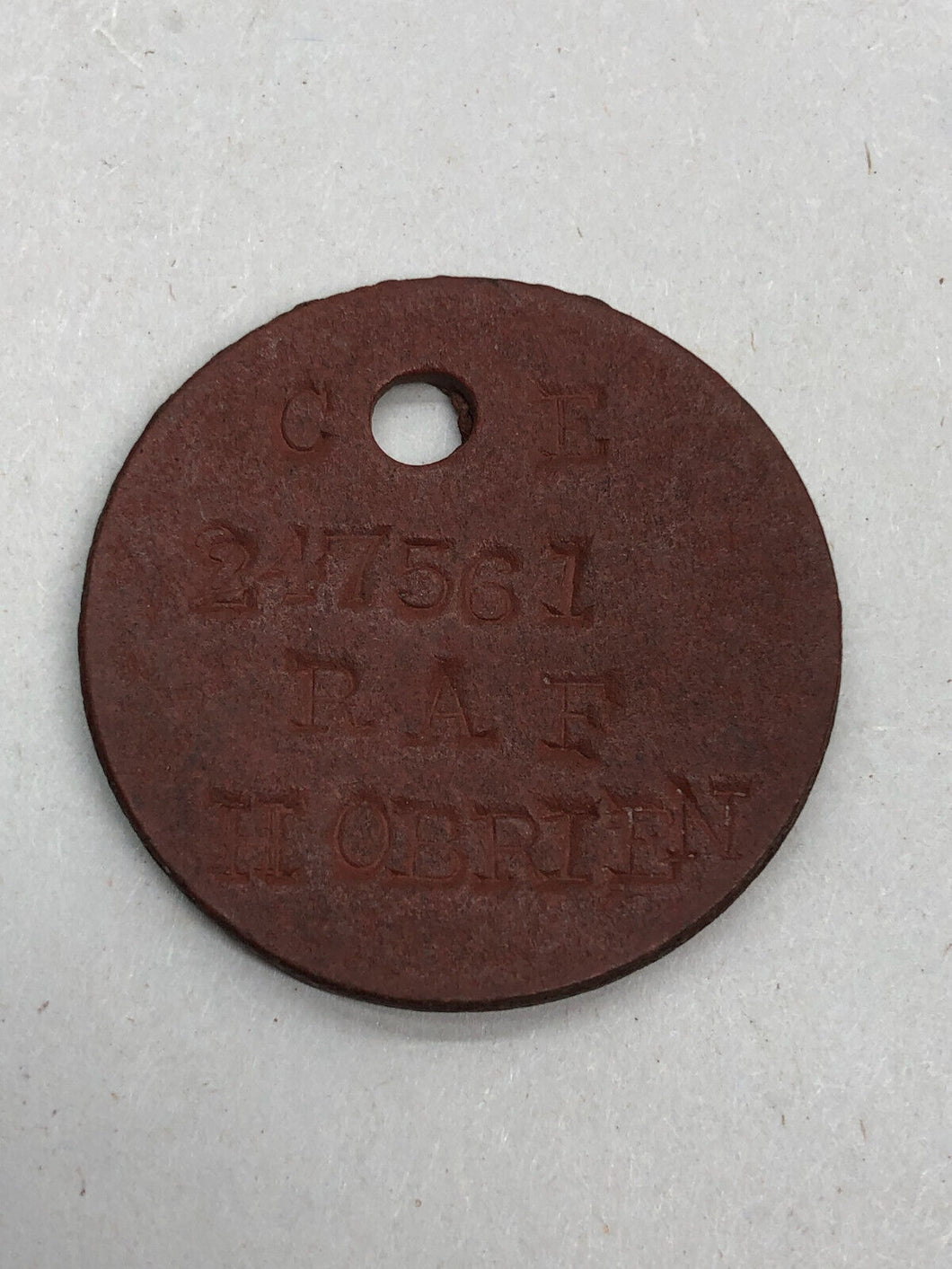 Original WW2 British Royal Air Force Soldiers Dog Tag Disk - HOBRIEN