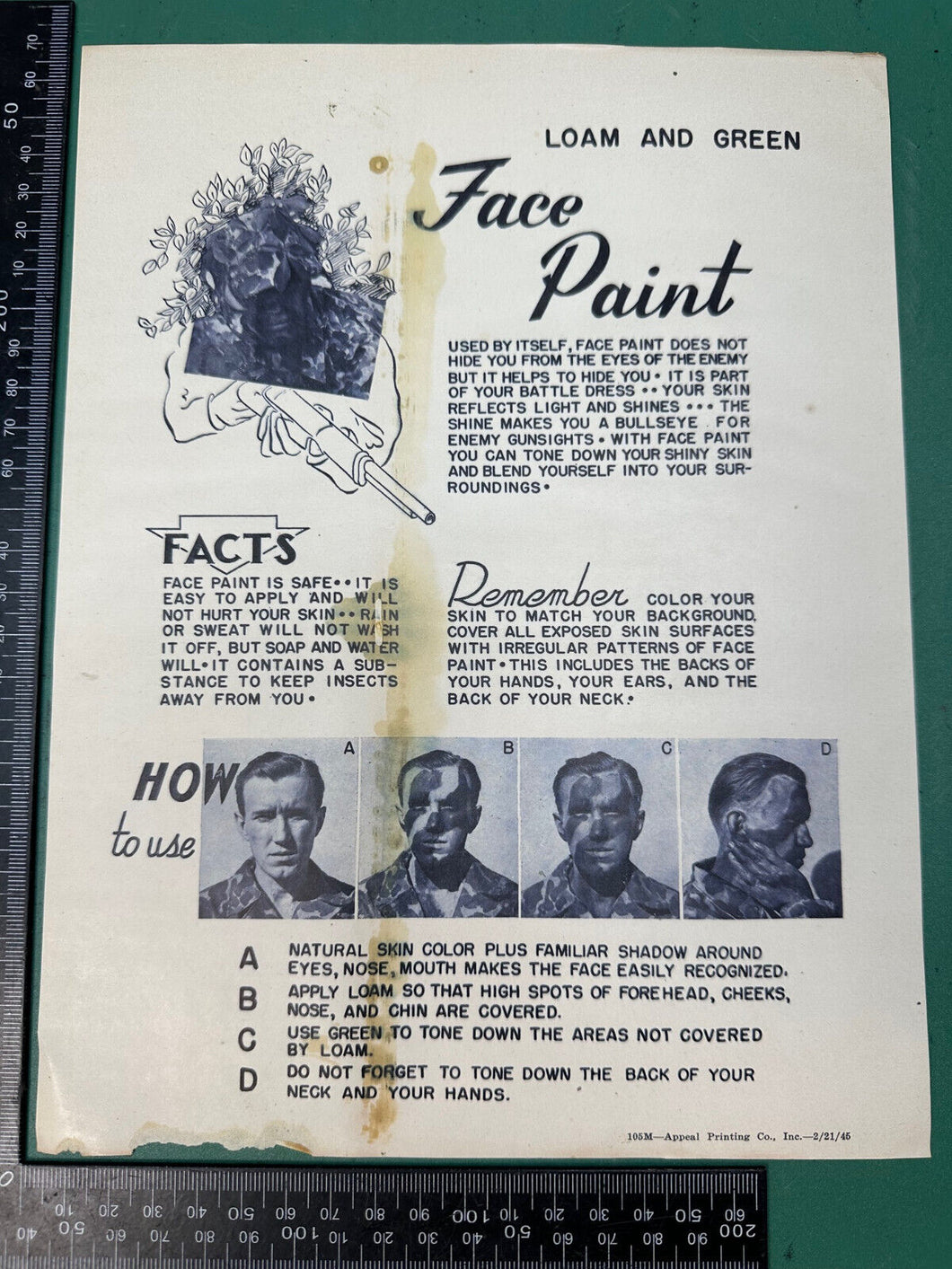 Original WW2 US Army Face Paint Instruction Sheet