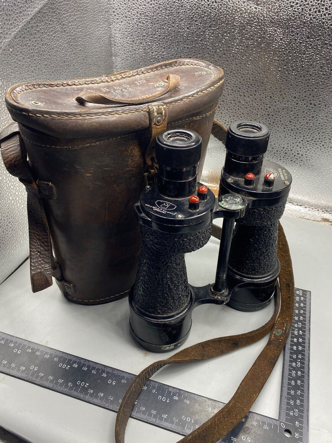 Original British Army Pair of 1942 Prismatic Binoculars in Case - WD Marked