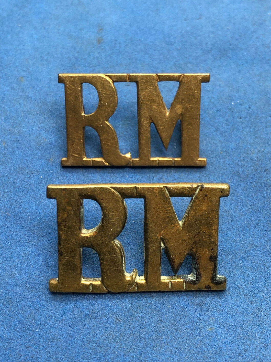 Original WW2 British Royal Navy Royal Marines Brass Shoulder Titles Pair