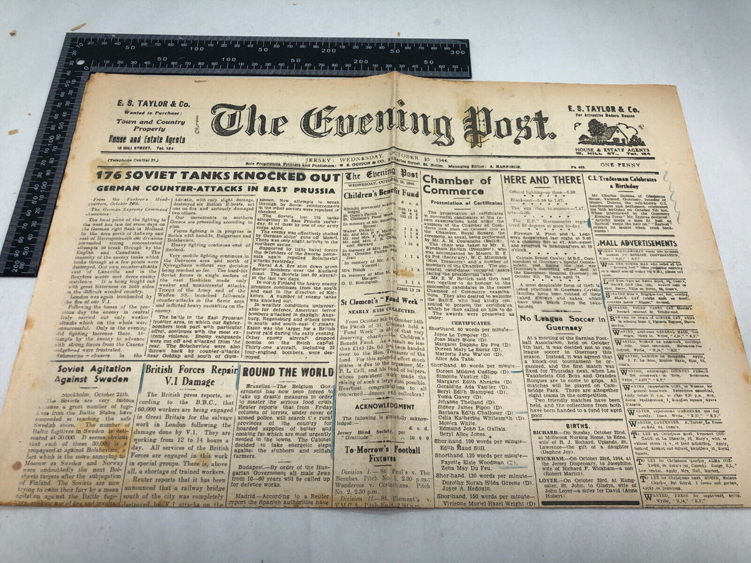 Original WW2 British Newspaper Channel Islands Occupation Jersey - October 1944