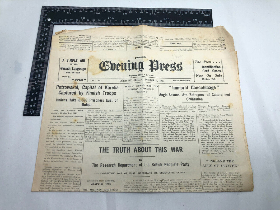 Original WW2 British Newspaper Channel Islands Occupation Guernsey - Oct 1941