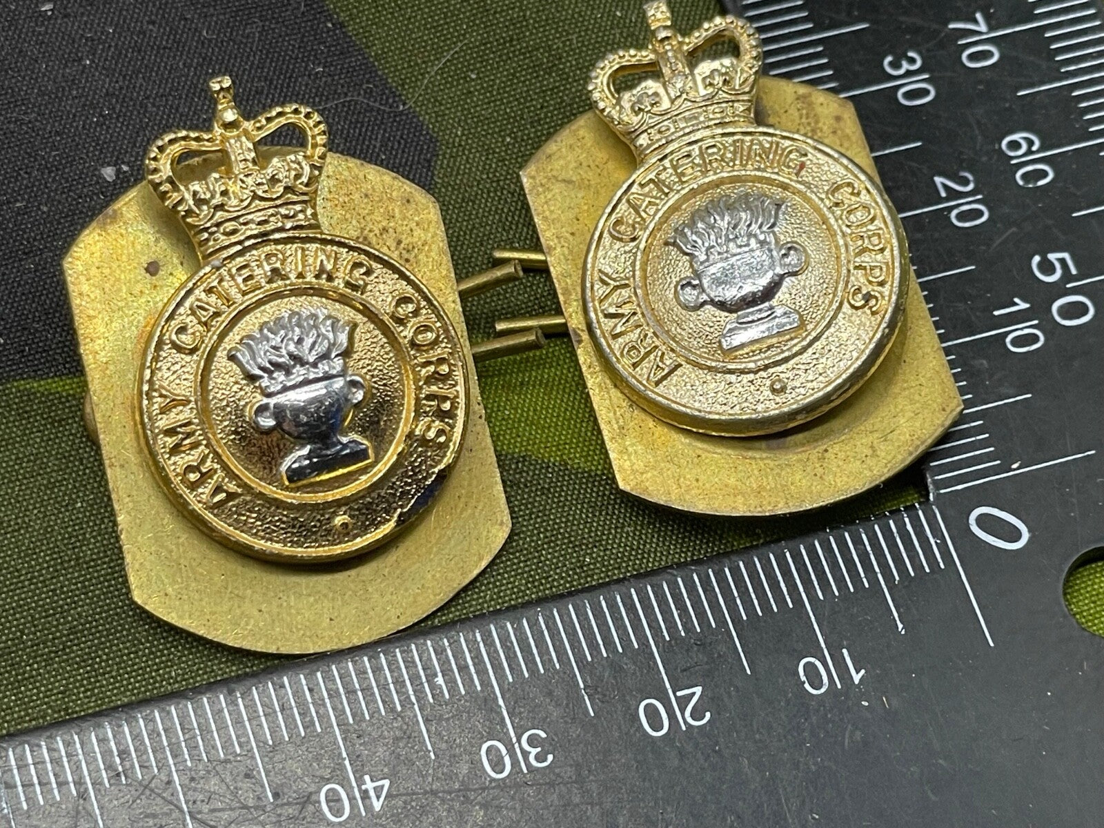 Original British Army Pair of Army Catering Corps Collar Badges with Backing - The Militaria Shop