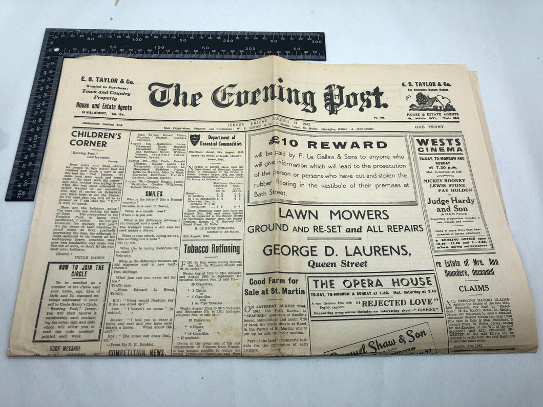 Original WW2 British Newspaper Channel Islands Occupation Jersey - August 1942