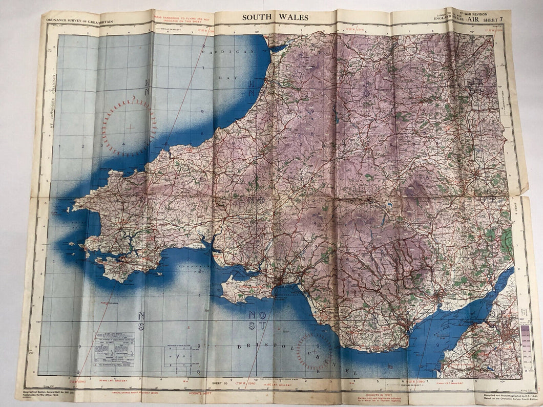 Original WW2 British Army / RAF Map Showing RAF Bases - South Wales