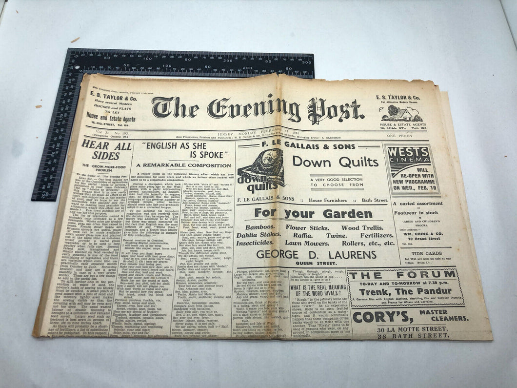 Original WW2 British Newspaper Channel Islands Occupation Jersey - February 1941