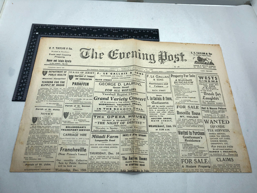 Original WW2 British Newspaper Channel Islands Occupation Jersey - December 1943