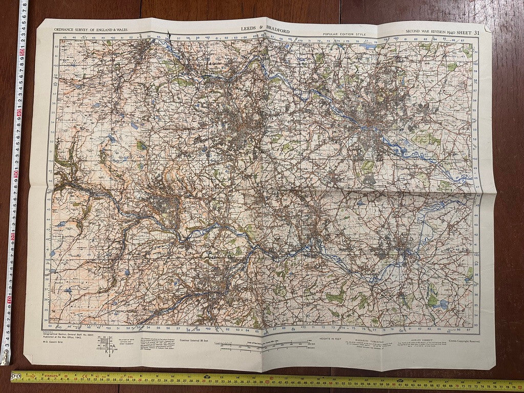 Original WW2 British Army GSGS OS Map of Great Britain - Leeds & Bradford - The Militaria Shop
