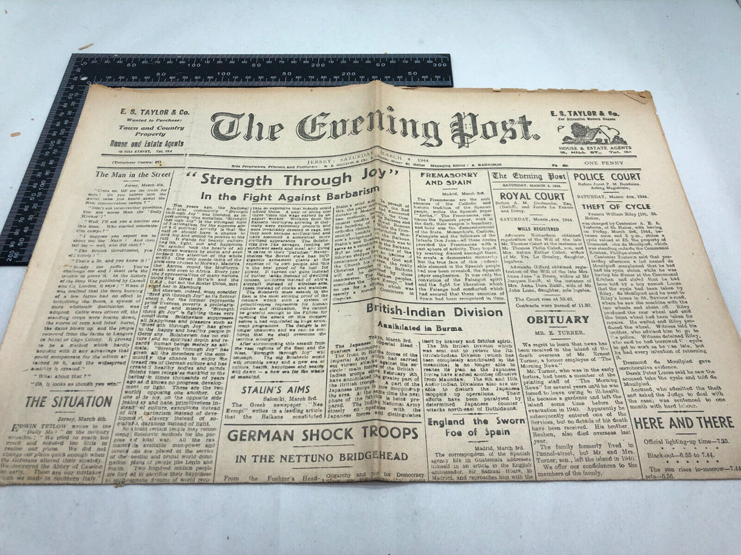 Original WW2 British Newspaper Channel Islands Occupation Jersey - March 1944