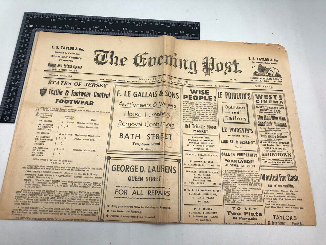 Original WW2 British Newspaper Channel Islands Occupation Jersey - March 1943