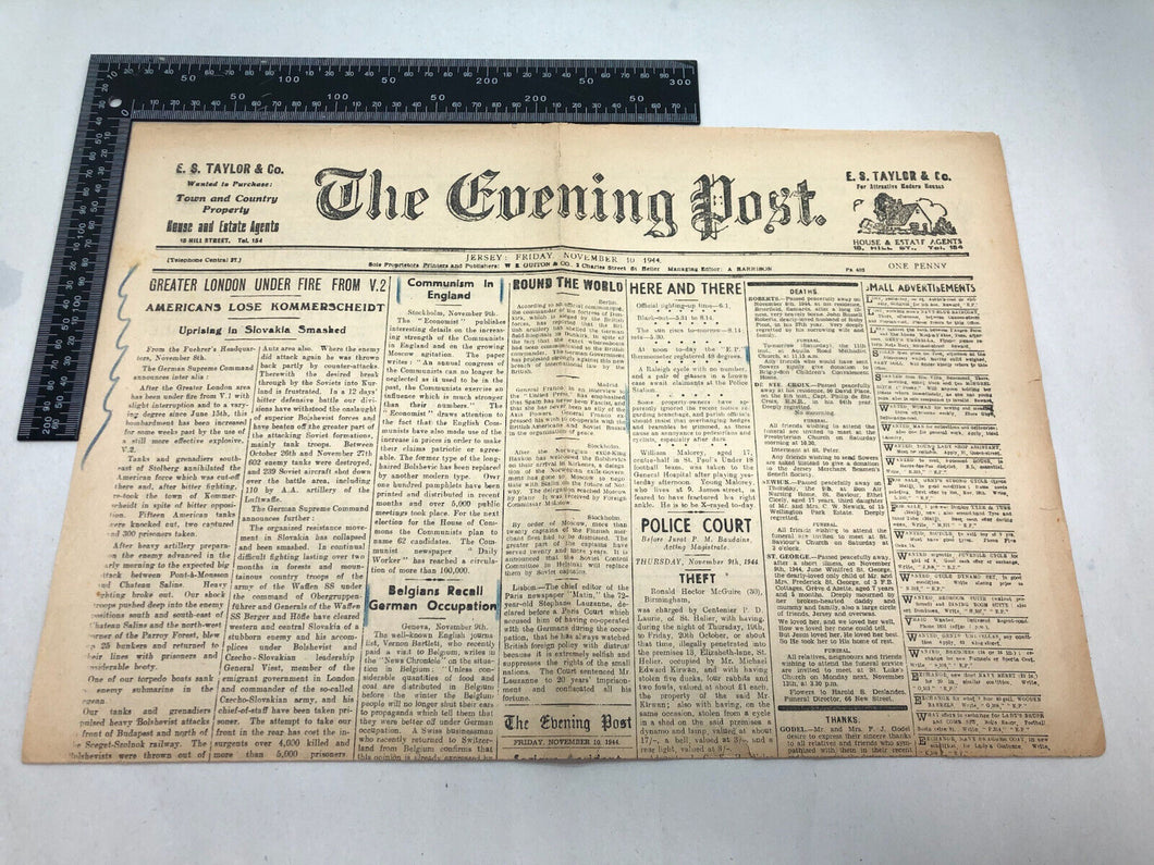 Original WW2 British Newspaper Channel Islands Occupation Jersey - November 1944