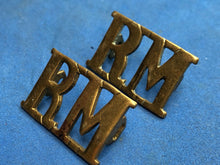 Load image into Gallery viewer, Original WW2 British Royal Navy Royal Marines Brass Shoulder Titles Pair
