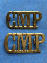 Load image into Gallery viewer, Original Pair WW2 British Army Corps Military Police CMP Brass Shoulder Titles
