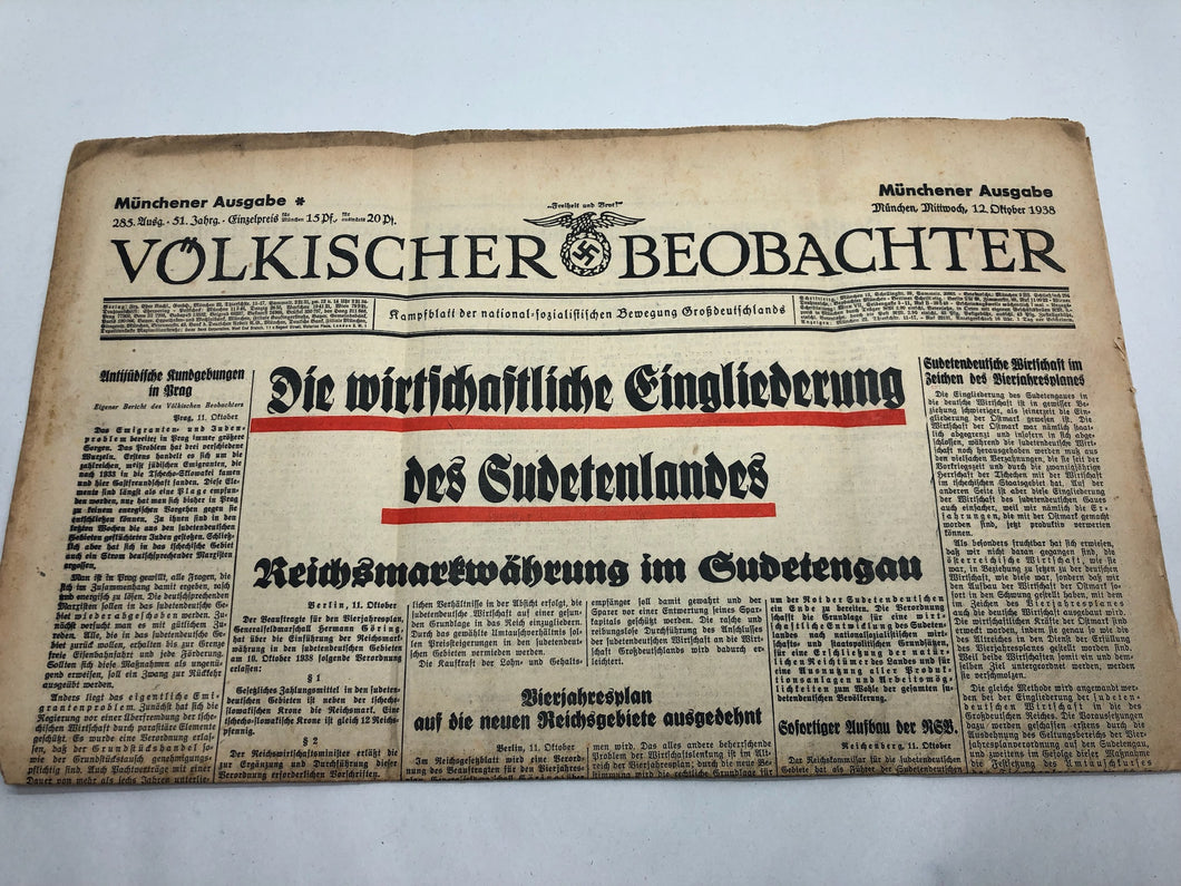 Original WW2 German Nazi Party VOLKISCHER BEOBACHTER Political Newspaper - 12 October 1938