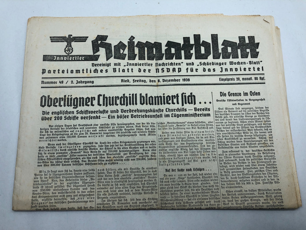 Original WW2 German NSDAP Heimatblatt Political Newspaper - 8th December 1939