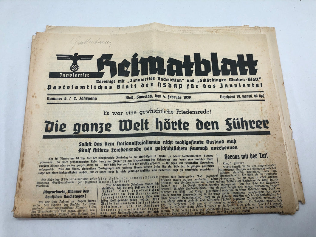 Original WW2 German NSDAP Heimatblatt Political Newspaper - 4th February 1939