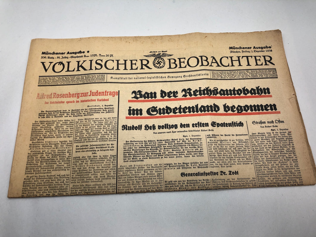 Original WW2 German Nazi Party VOLKISCHER BEOBACHTER Political Newspaper - 2 December 1938