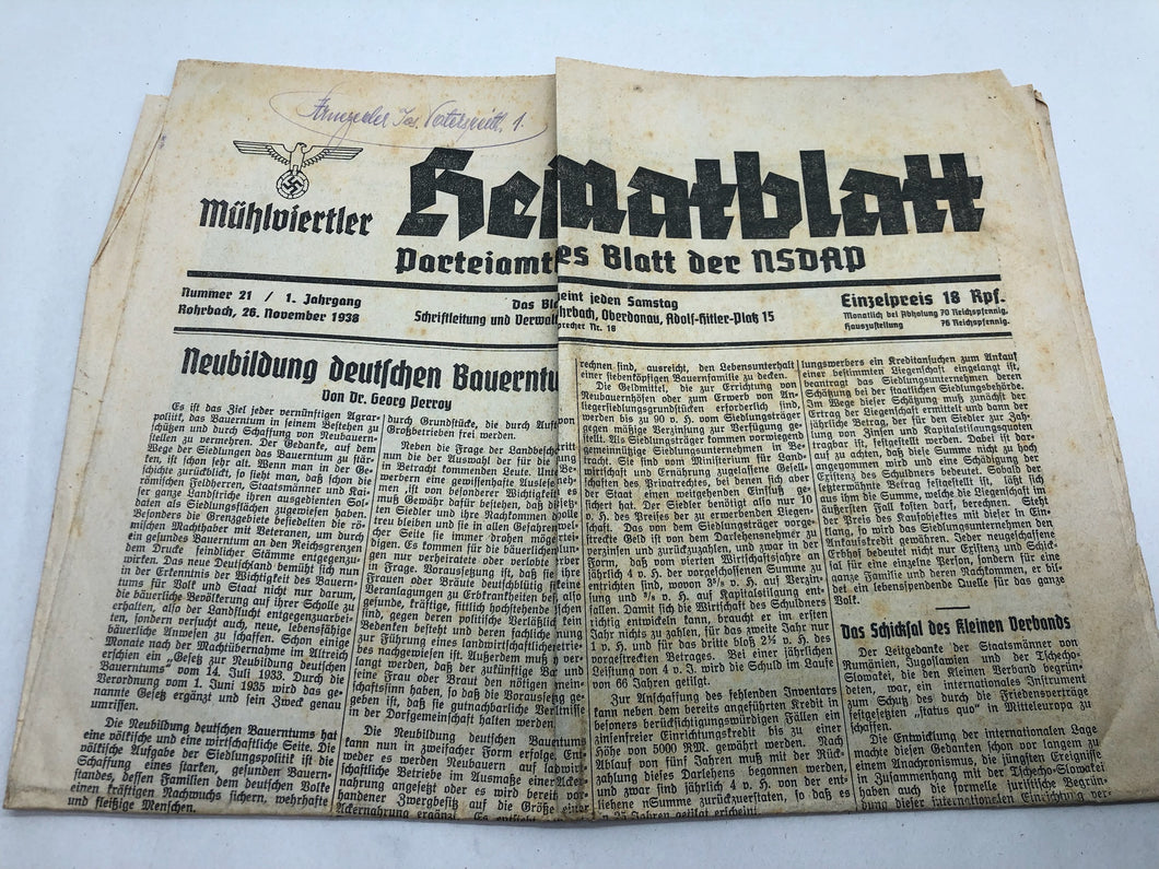 Original WW2 German NSDAP Heimatblatt Political Newspaper - 26th November 1938
