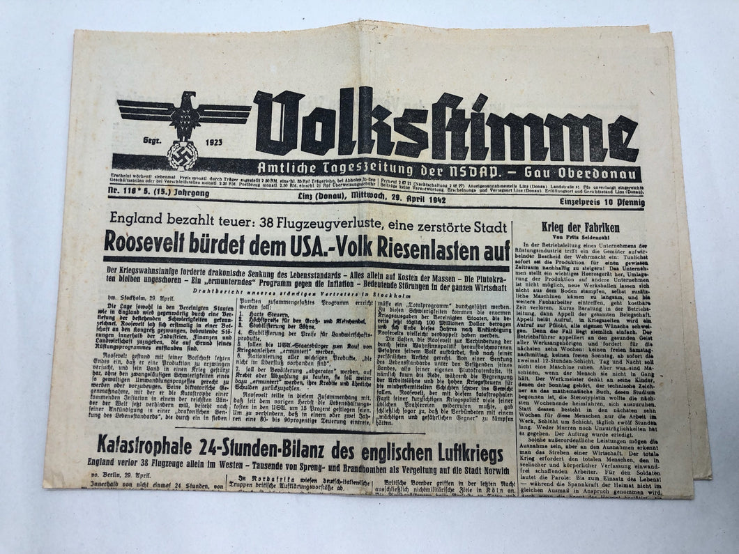 Original WW2 German NSDAP VOLKSSTIMME Political Newspaper - 29th April 1942