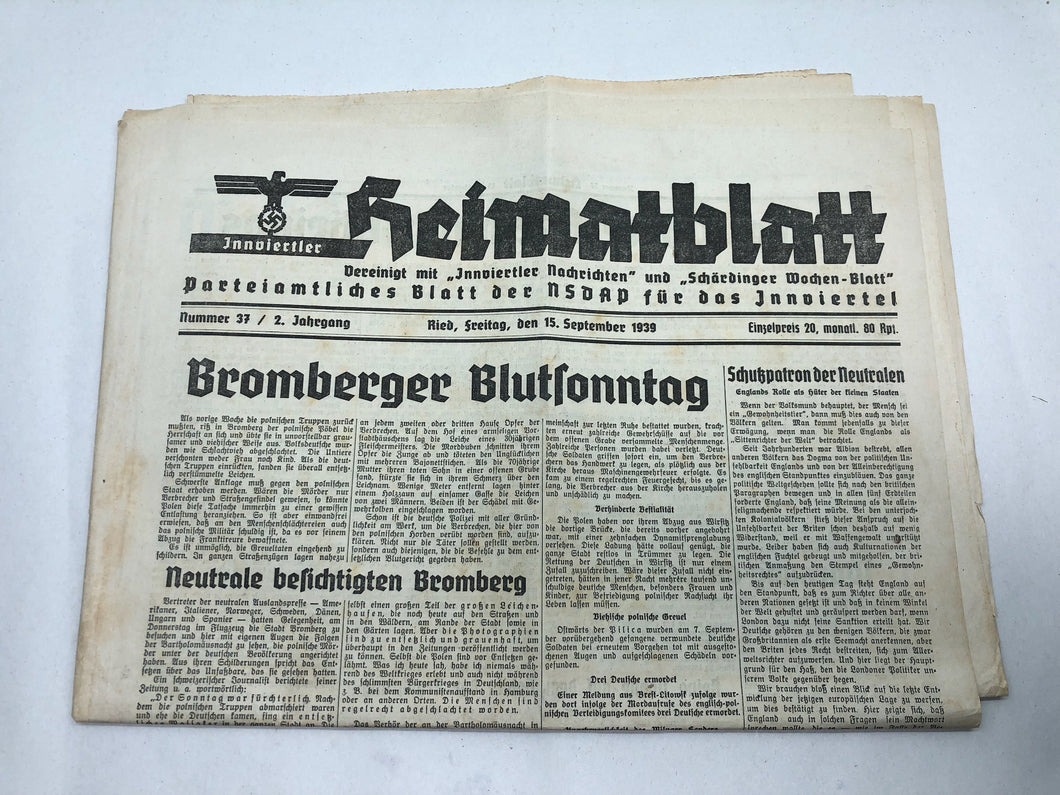 Original WW2 German NSDAP Heimatblatt Political Newspaper - 15th September 1939