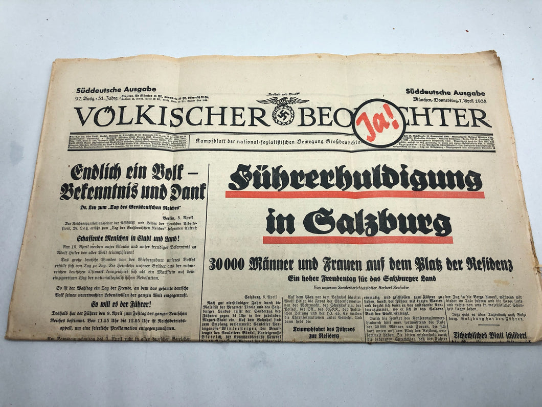 Original WW2 German Nazi Party VOLKISCHER BEOBACHTER Political Newspaper - 7 April 1938
