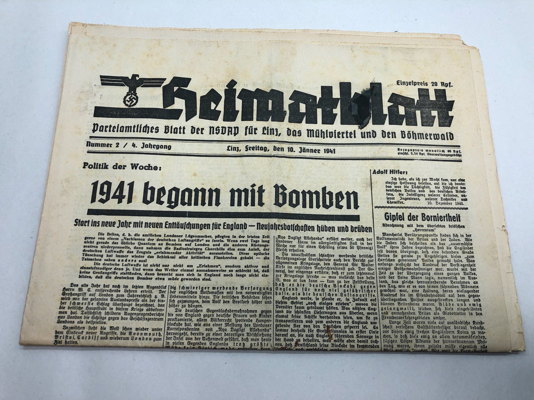 Original WW2 German NSDAP Heimatblatt Political Newspaper - 10th January 1941