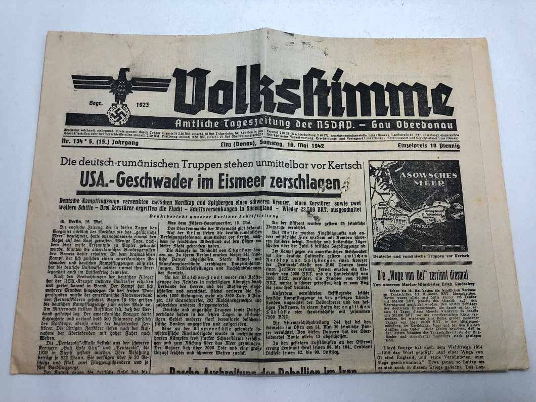 Original WW2 German NSDAP VOLKSSTIMME Political Newspaper - 16th May 1942