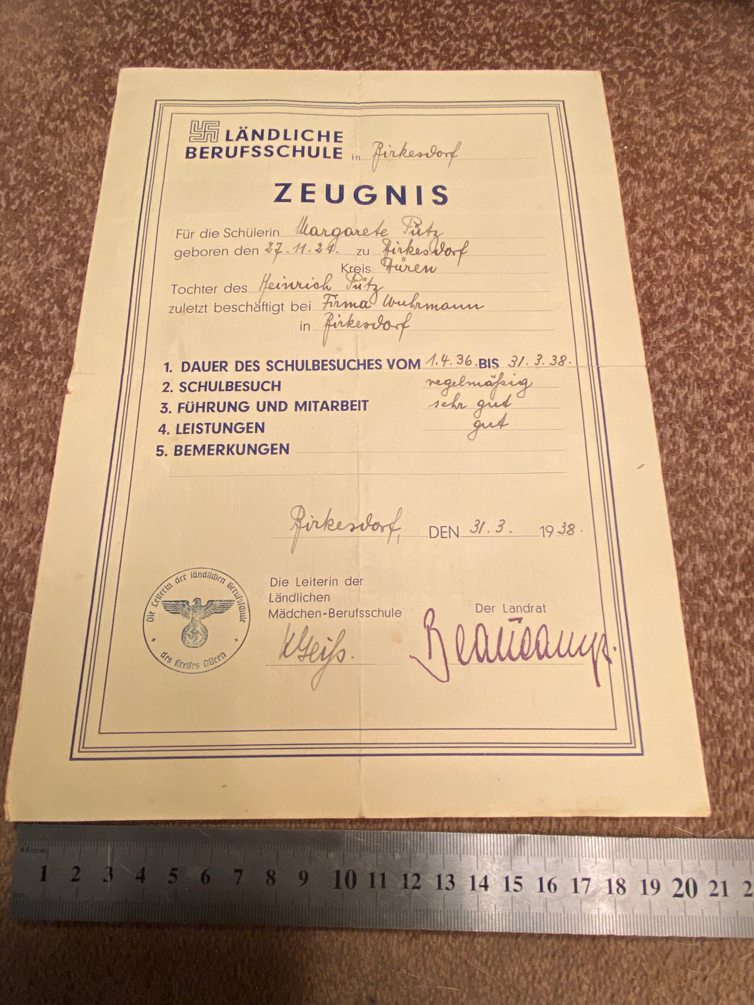 WW2 - 1938 Dated German School Document with a good eagle stamp.