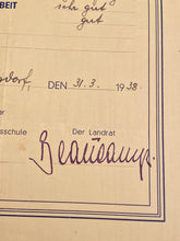 Load image into Gallery viewer, WW2 - 1938 Dated German School Document with a good eagle stamp.
