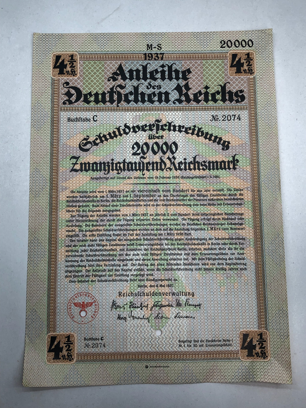 Original WW2 German Government Treasury Loan Bill 20,000 Reichmarks