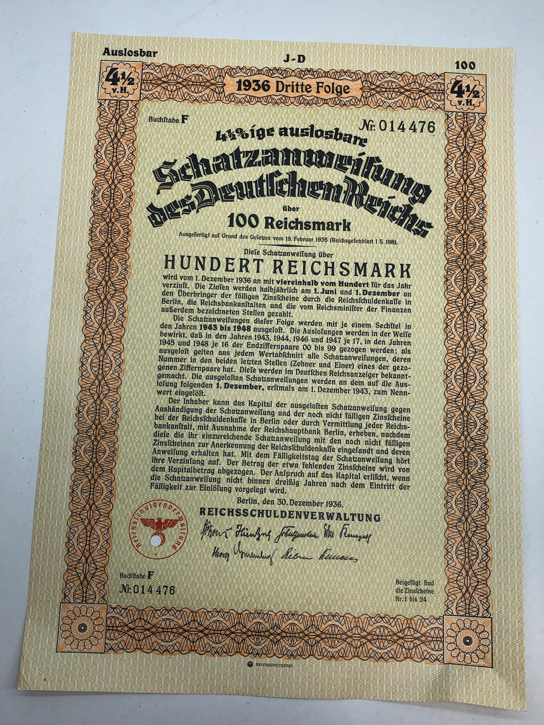 Original WW2 German Government Treasury Loan Bill 100 Reichmarks