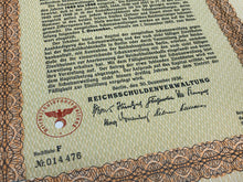 Load image into Gallery viewer, Original WW2 German Government Treasury Loan Bill 100 Reichmarks
