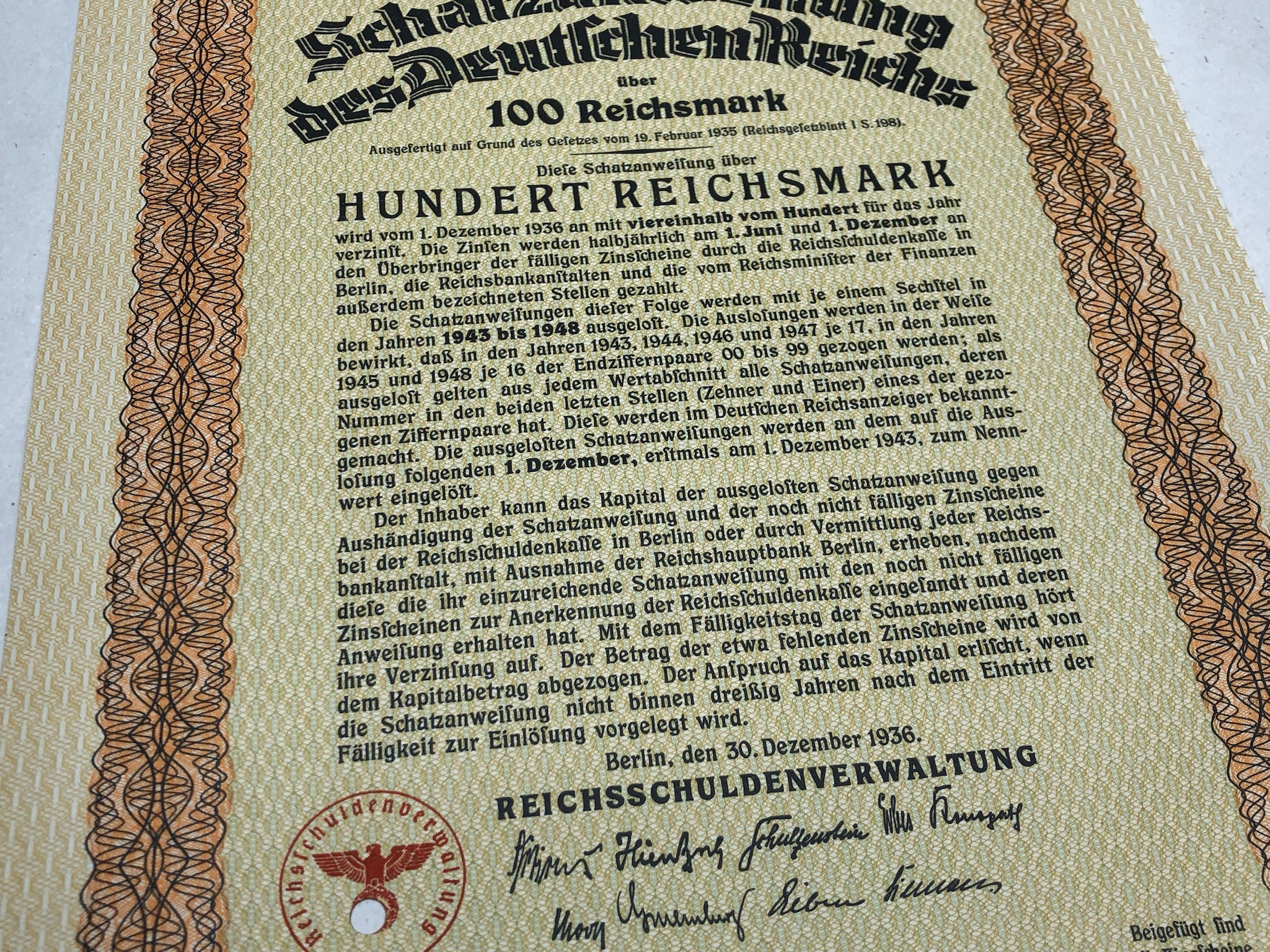 Original WW2 German Government Treasury Loan Bill 100 Reichmarks - The Militaria Shop