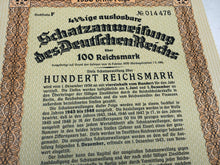 Load image into Gallery viewer, Original WW2 German Government Treasury Loan Bill 100 Reichmarks
